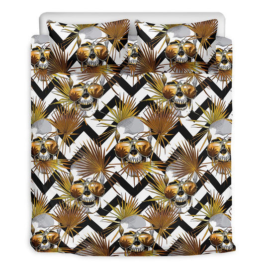 Gold Tropical Skull Pattern Print Duvet Cover Bedding Set