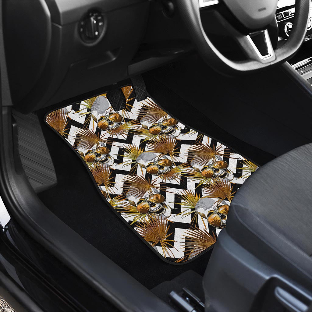 Gold Tropical Skull Pattern Print Front and Back Car Floor Mats