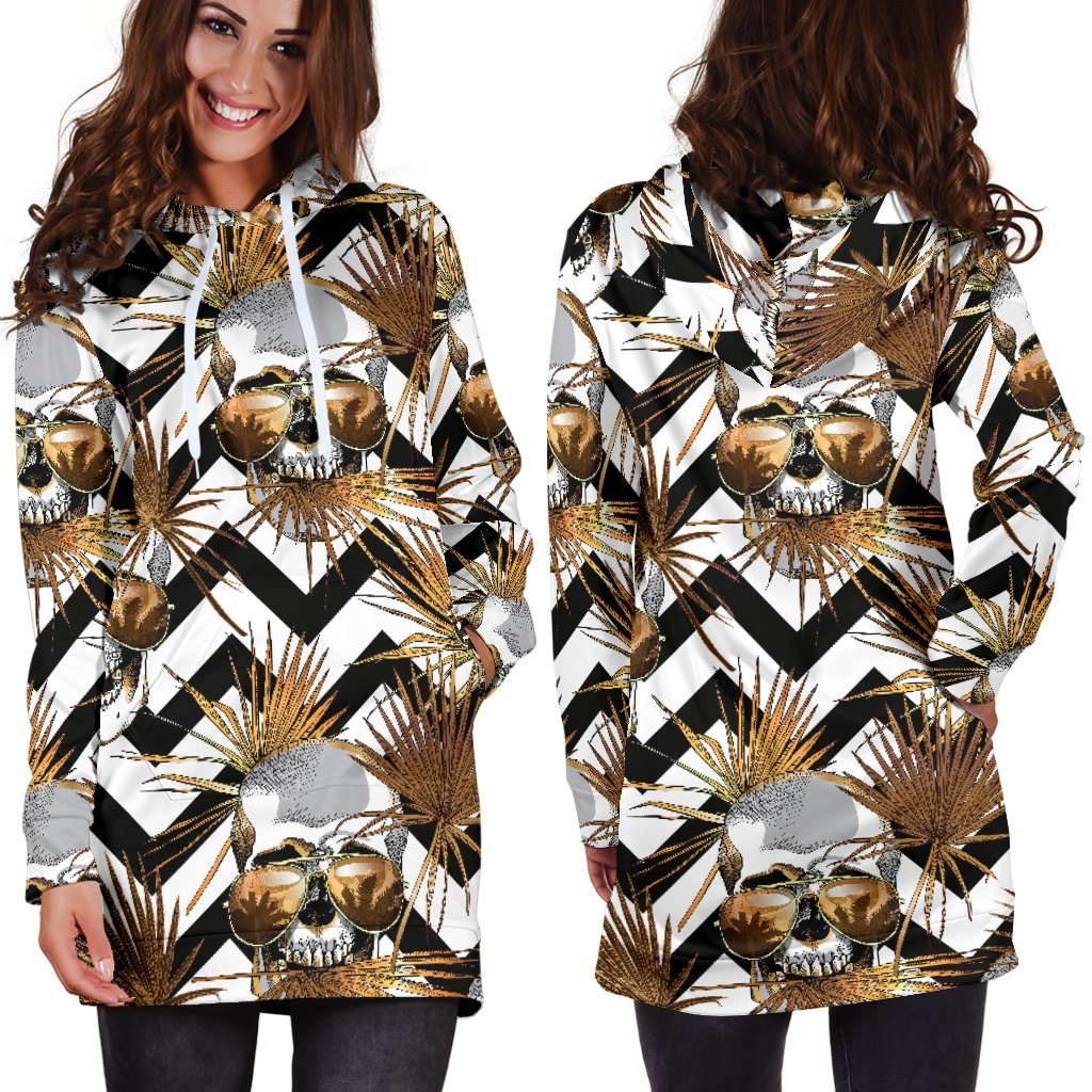 Gold Tropical Skull Pattern Print Hoodie Dress GearFrost