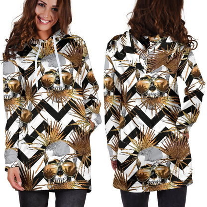 Gold Tropical Skull Pattern Print Hoodie Dress GearFrost
