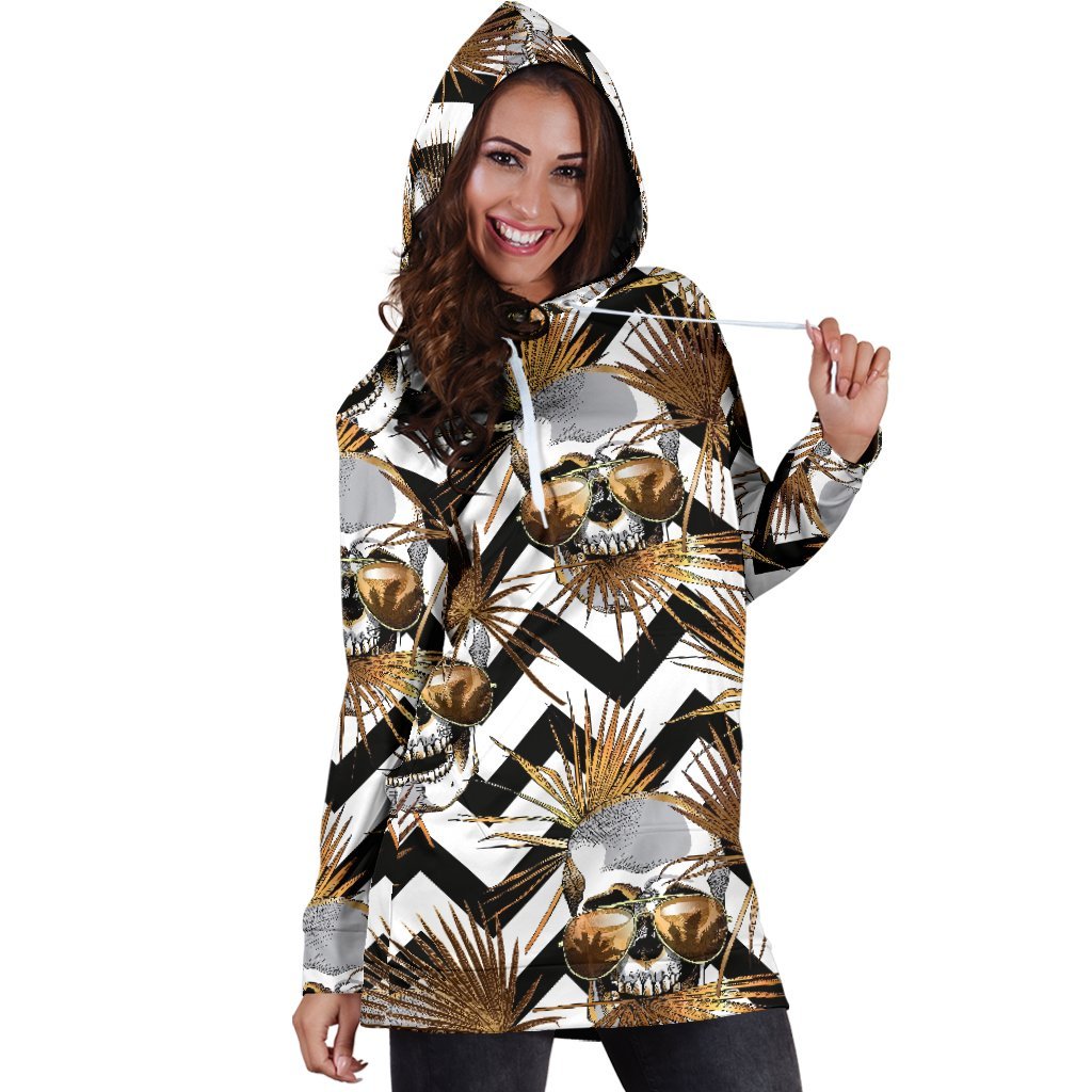 Gold Tropical Skull Pattern Print Hoodie Dress GearFrost