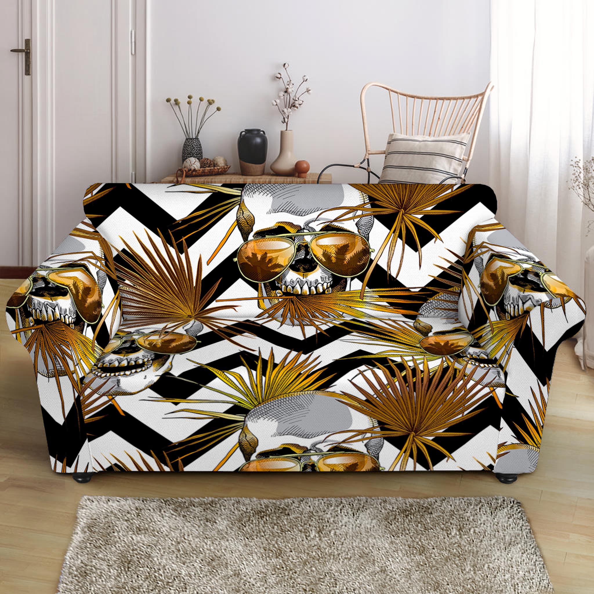 Gold Tropical Skull Pattern Print Loveseat Slipcover