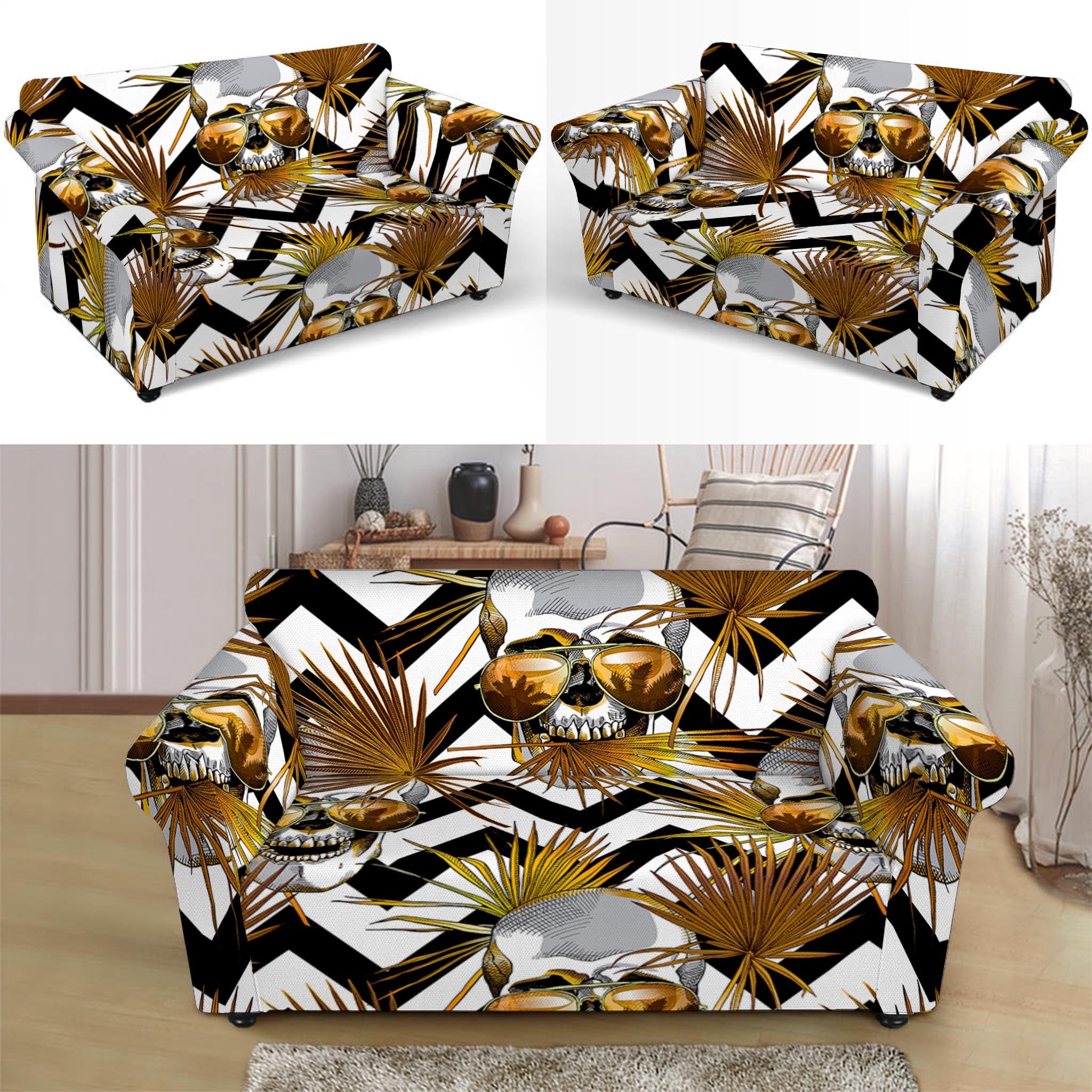 Gold Tropical Skull Pattern Print Loveseat Slipcover