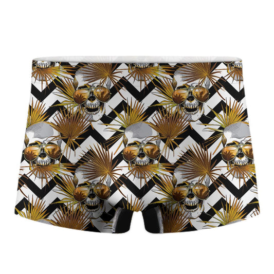 Gold Tropical Skull Pattern Print Men's Boxer Briefs