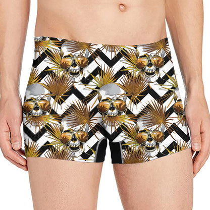 Gold Tropical Skull Pattern Print Men's Boxer Briefs