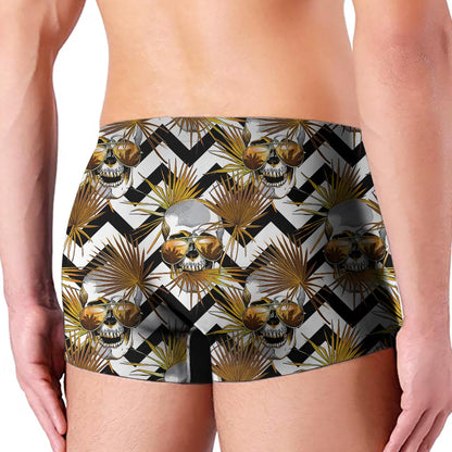 Gold Tropical Skull Pattern Print Men's Boxer Briefs