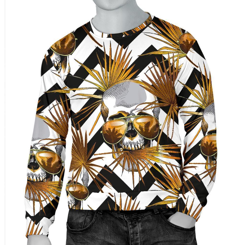 Gold Tropical Skull Pattern Print Men's Crewneck Sweatshirt GearFrost