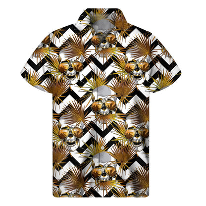 Gold Tropical Skull Pattern Print Men's Short Sleeve Shirt