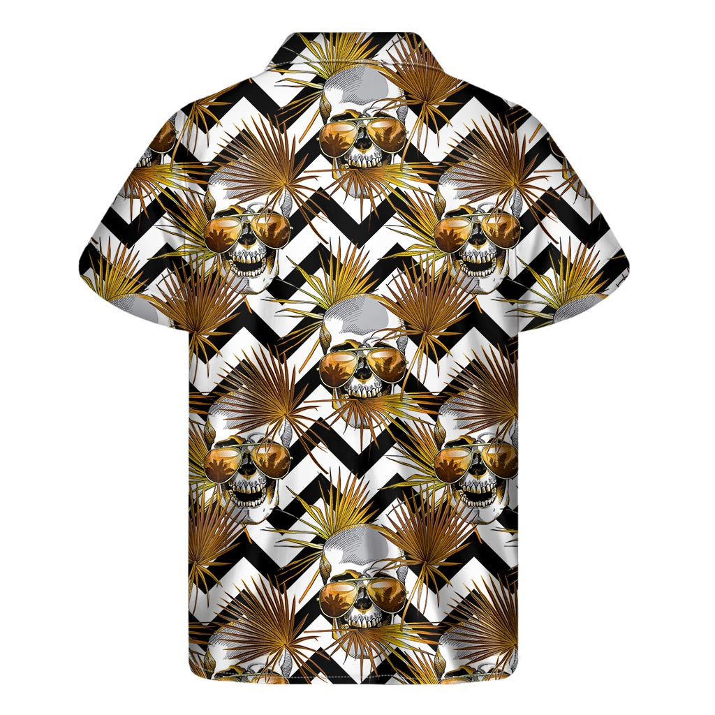 Gold Tropical Skull Pattern Print Men's Short Sleeve Shirt