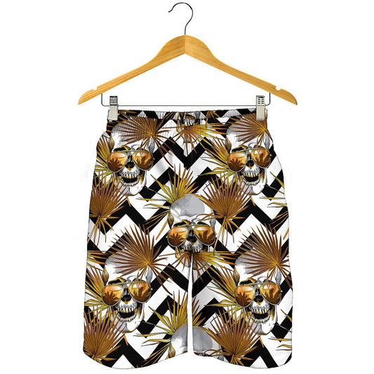 Gold Tropical Skull Pattern Print Men's Shorts