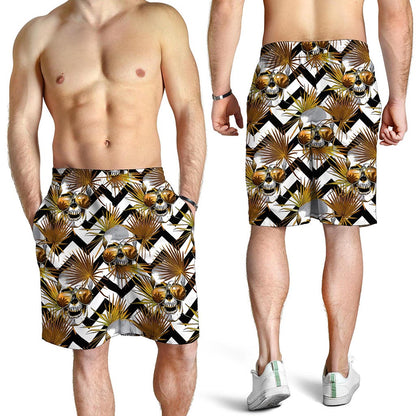 Gold Tropical Skull Pattern Print Men's Shorts