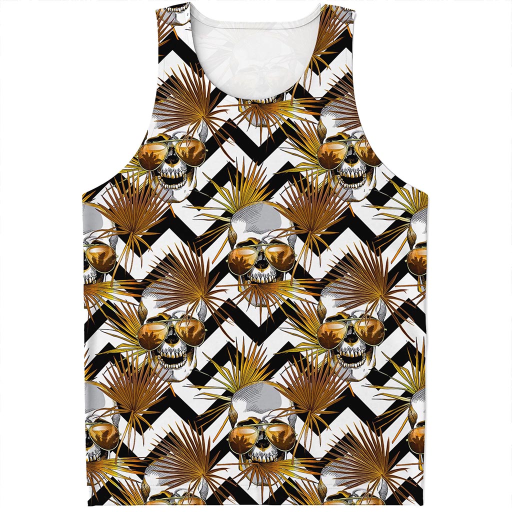 Gold Tropical Skull Pattern Print Men's Tank Top