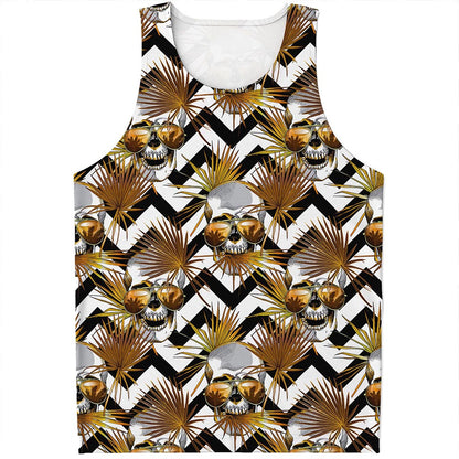 Gold Tropical Skull Pattern Print Men's Tank Top
