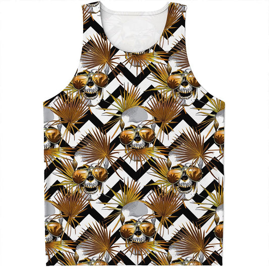 Gold Tropical Skull Pattern Print Men's Tank Top