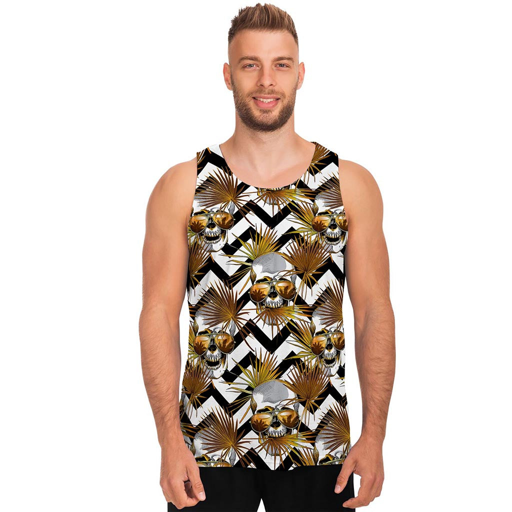 Gold Tropical Skull Pattern Print Men's Tank Top