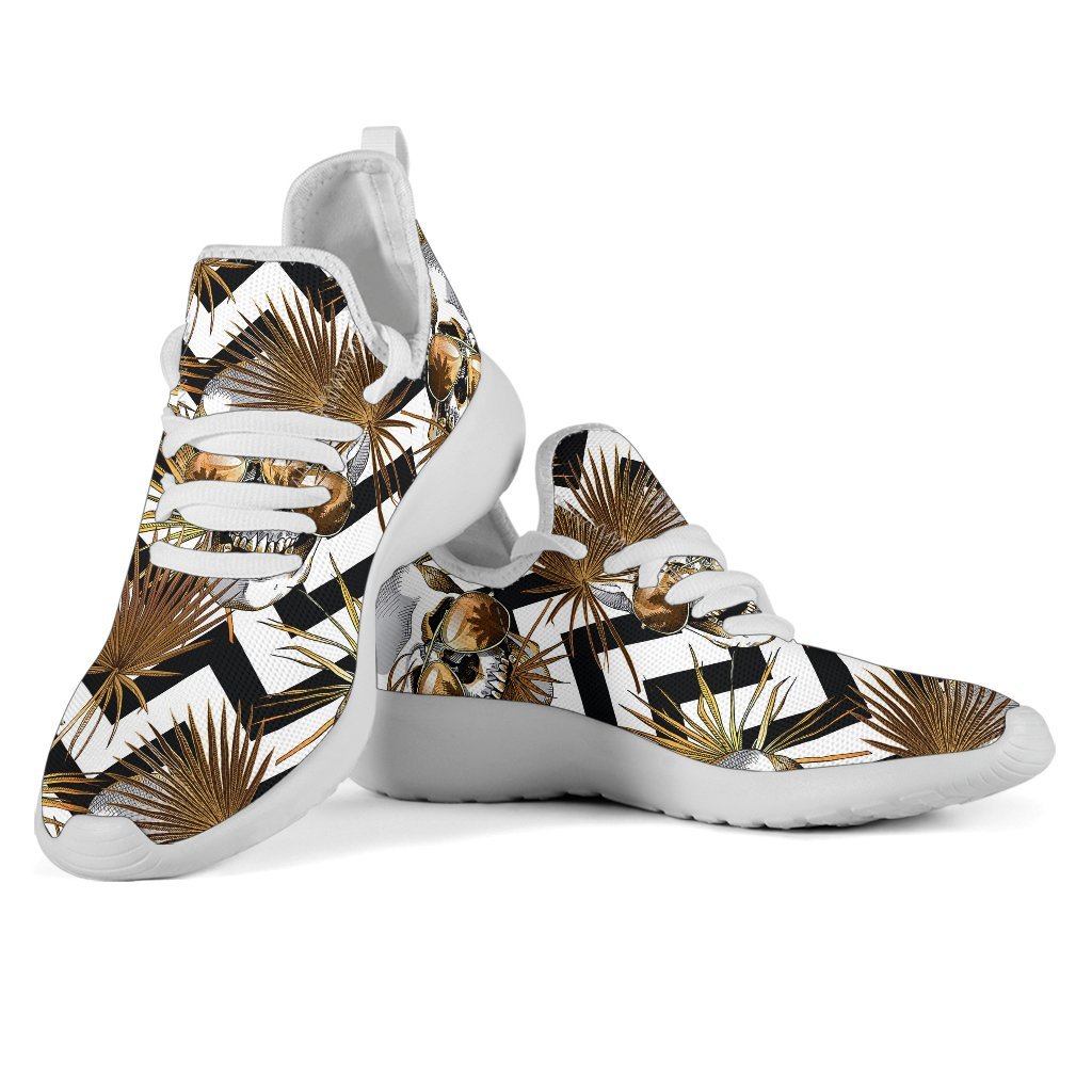 Gold Tropical Skull Pattern Print Mesh Knit Shoes GearFrost