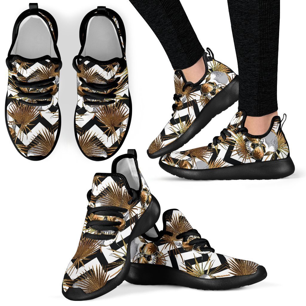Gold Tropical Skull Pattern Print Mesh Knit Shoes GearFrost