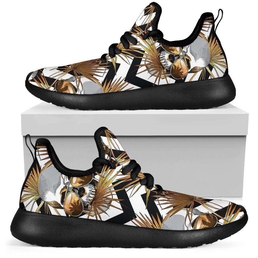 Gold Tropical Skull Pattern Print Mesh Knit Shoes GearFrost