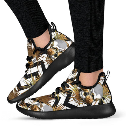 Gold Tropical Skull Pattern Print Mesh Knit Shoes GearFrost
