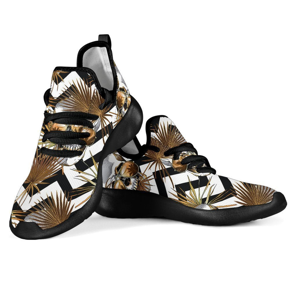 Gold Tropical Skull Pattern Print Mesh Knit Shoes GearFrost