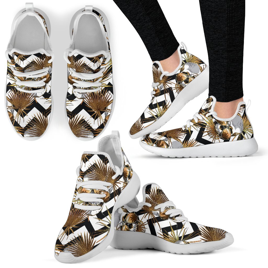 Gold Tropical Skull Pattern Print Mesh Knit Shoes GearFrost