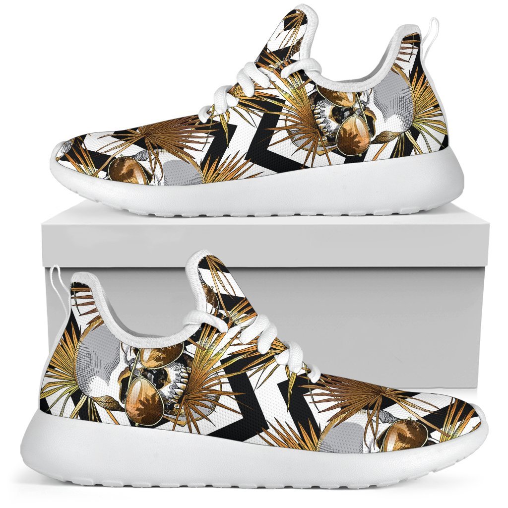 Gold Tropical Skull Pattern Print Mesh Knit Shoes GearFrost