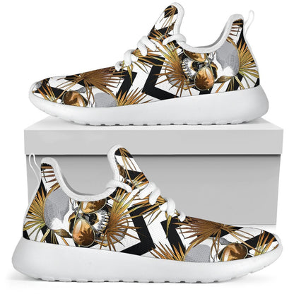 Gold Tropical Skull Pattern Print Mesh Knit Shoes GearFrost