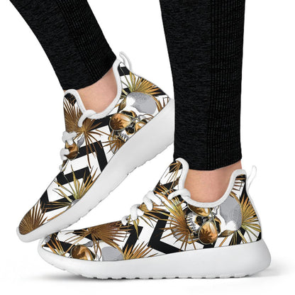 Gold Tropical Skull Pattern Print Mesh Knit Shoes GearFrost