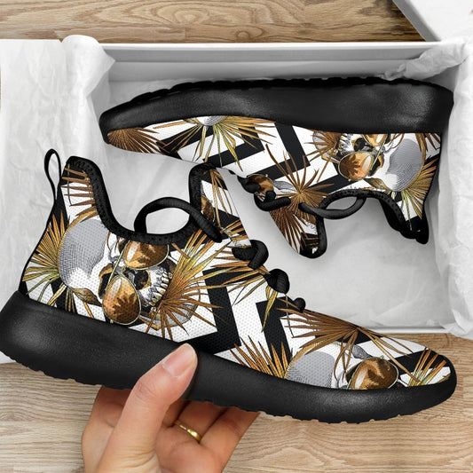 Gold Tropical Skull Pattern Print Mesh Knit Shoes GearFrost
