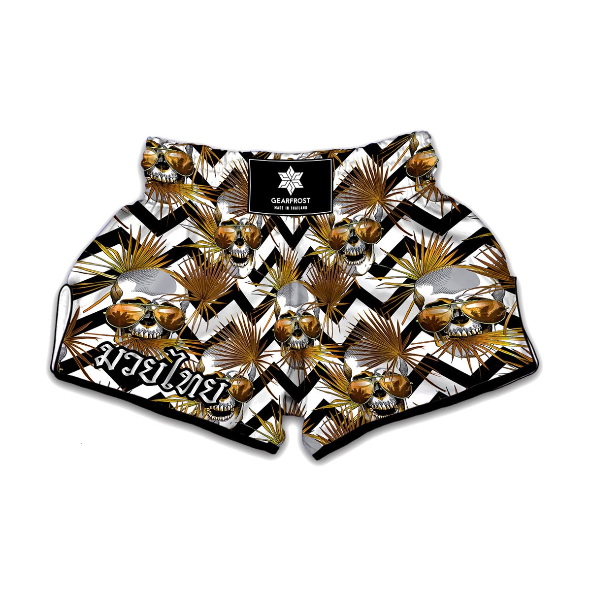 Gold Tropical Skull Pattern Print Muay Thai Boxing Shorts