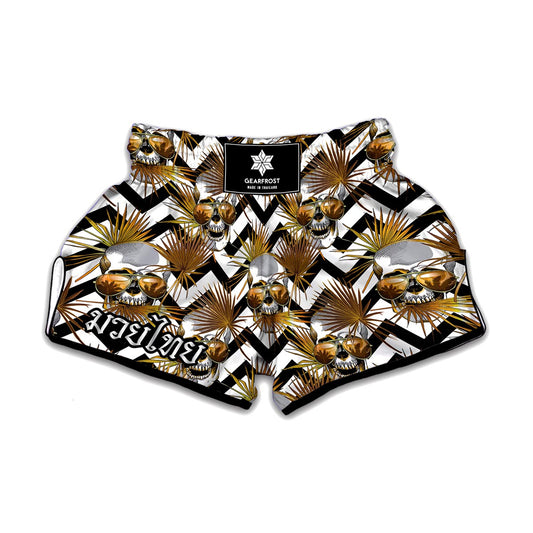 Gold Tropical Skull Pattern Print Muay Thai Boxing Shorts