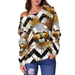 Gold Tropical Skull Pattern Print Off Shoulder Sweatshirt GearFrost