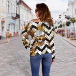 Gold Tropical Skull Pattern Print Off Shoulder Sweatshirt GearFrost