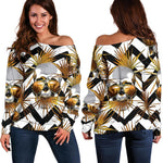 Gold Tropical Skull Pattern Print Off Shoulder Sweatshirt GearFrost