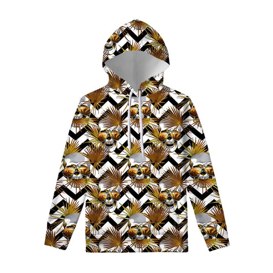 Gold Tropical Skull Pattern Print Pullover Hoodie