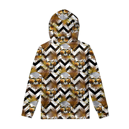 Gold Tropical Skull Pattern Print Pullover Hoodie