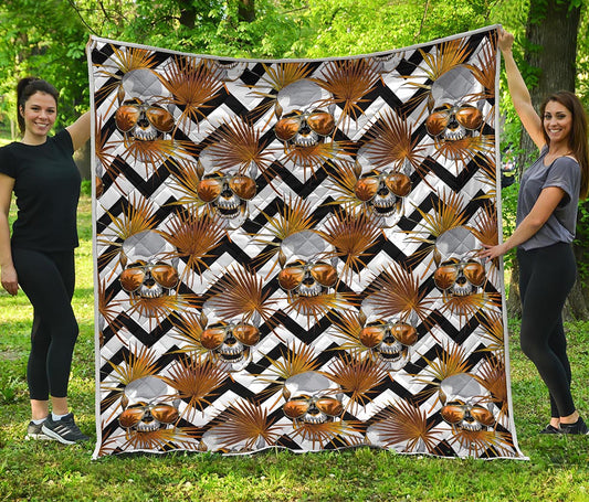 Gold Tropical Skull Pattern Print Quilt