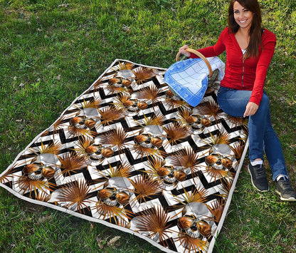 Gold Tropical Skull Pattern Print Quilt