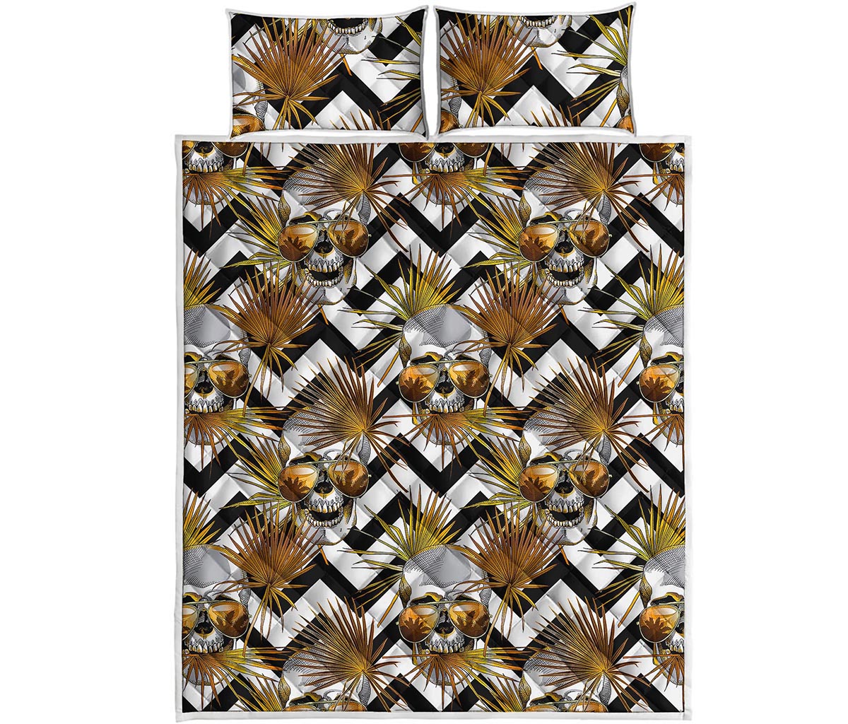 Gold Tropical Skull Pattern Print Quilt Bed Set