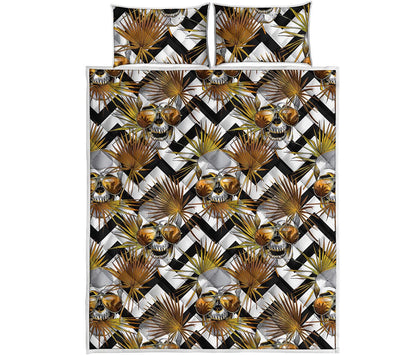 Gold Tropical Skull Pattern Print Quilt Bed Set