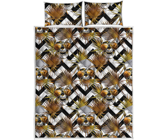 Gold Tropical Skull Pattern Print Quilt Bed Set