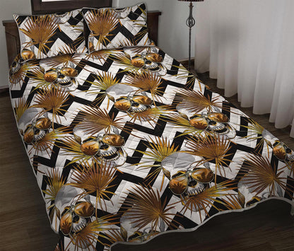 Gold Tropical Skull Pattern Print Quilt Bed Set