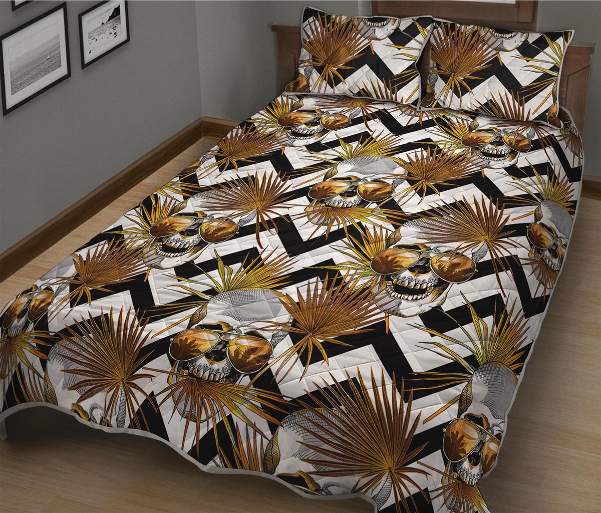 Gold Tropical Skull Pattern Print Quilt Bed Set