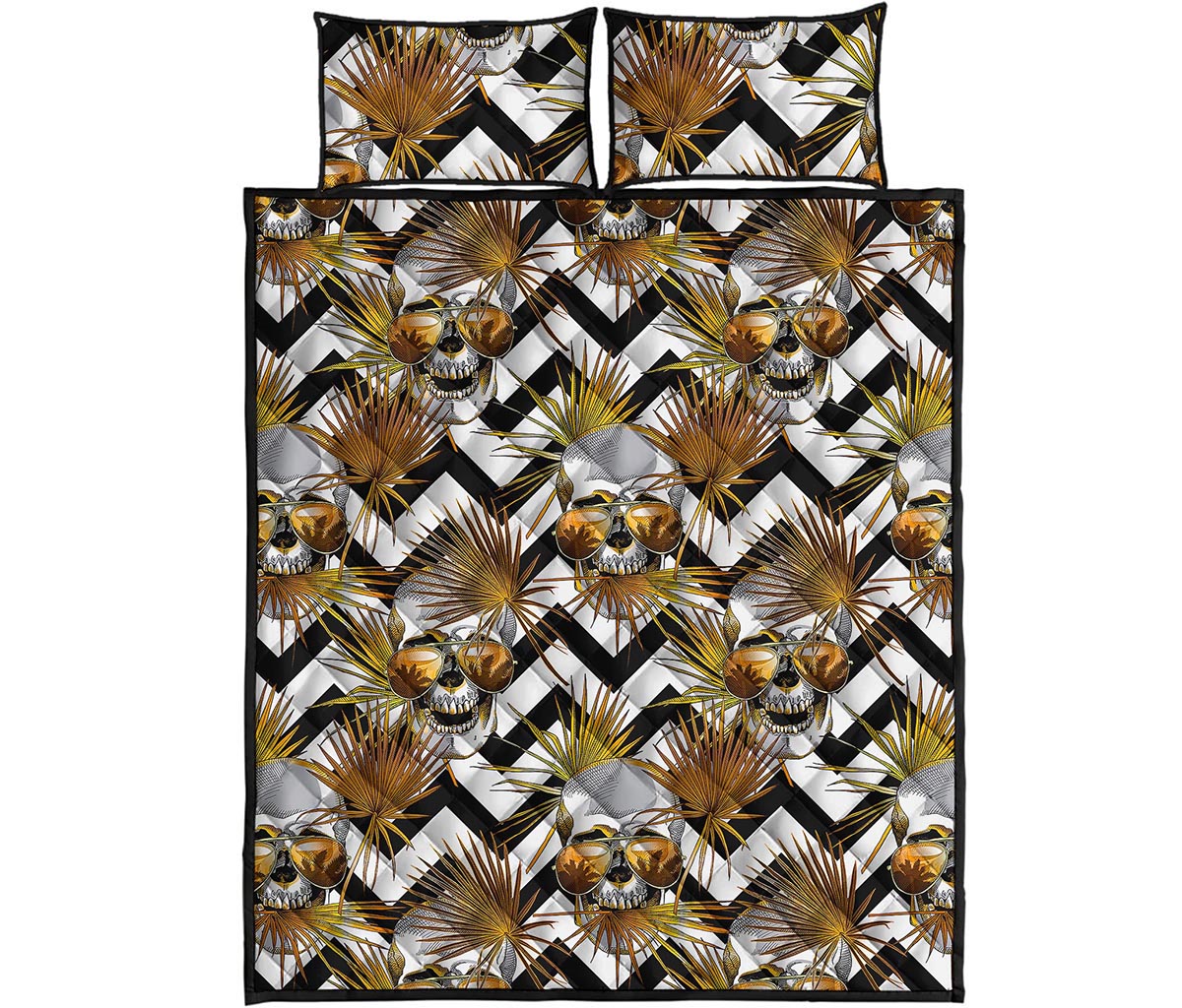 Gold Tropical Skull Pattern Print Quilt Bed Set