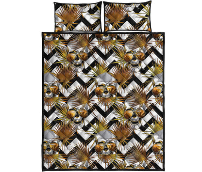 Gold Tropical Skull Pattern Print Quilt Bed Set