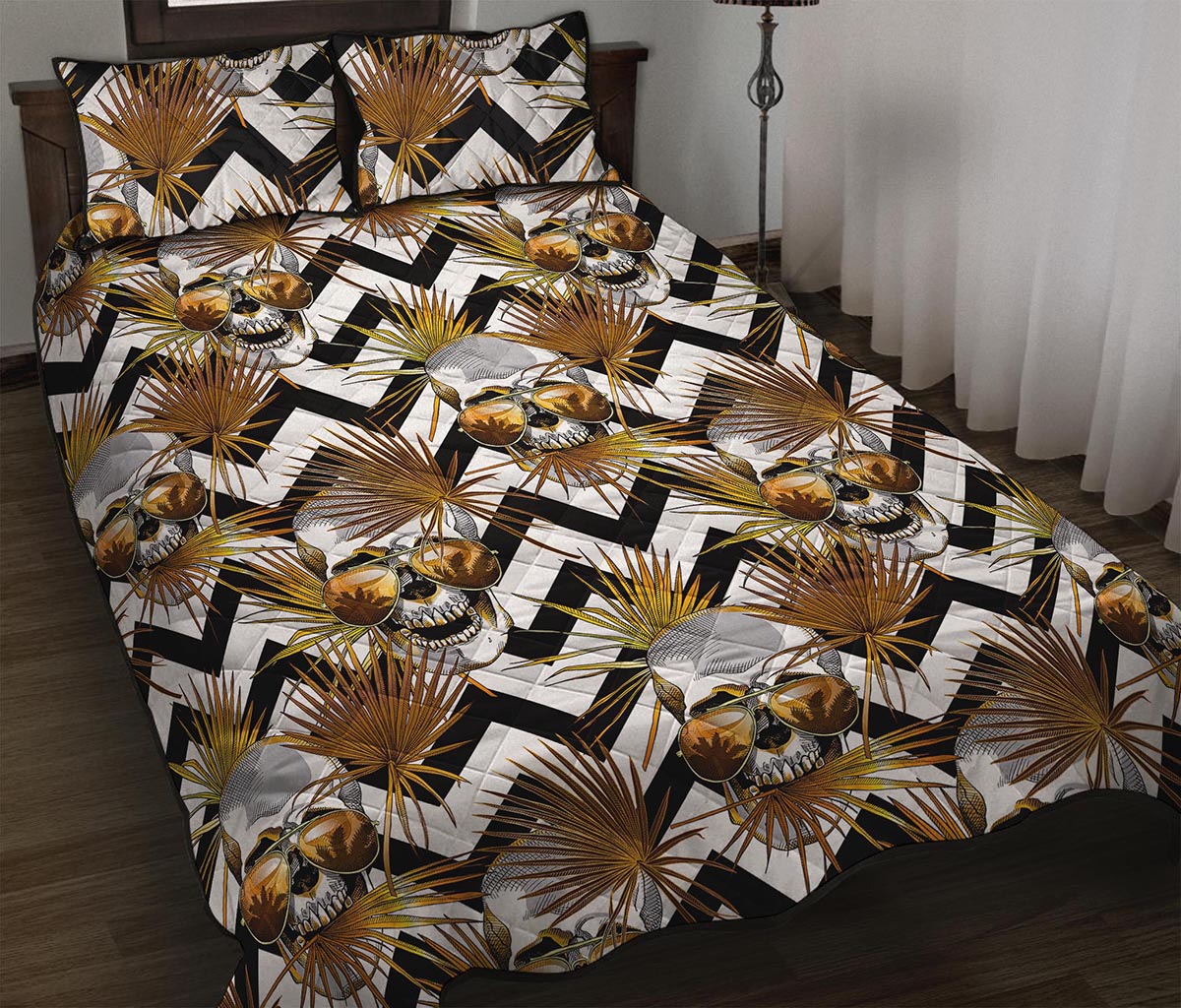 Gold Tropical Skull Pattern Print Quilt Bed Set