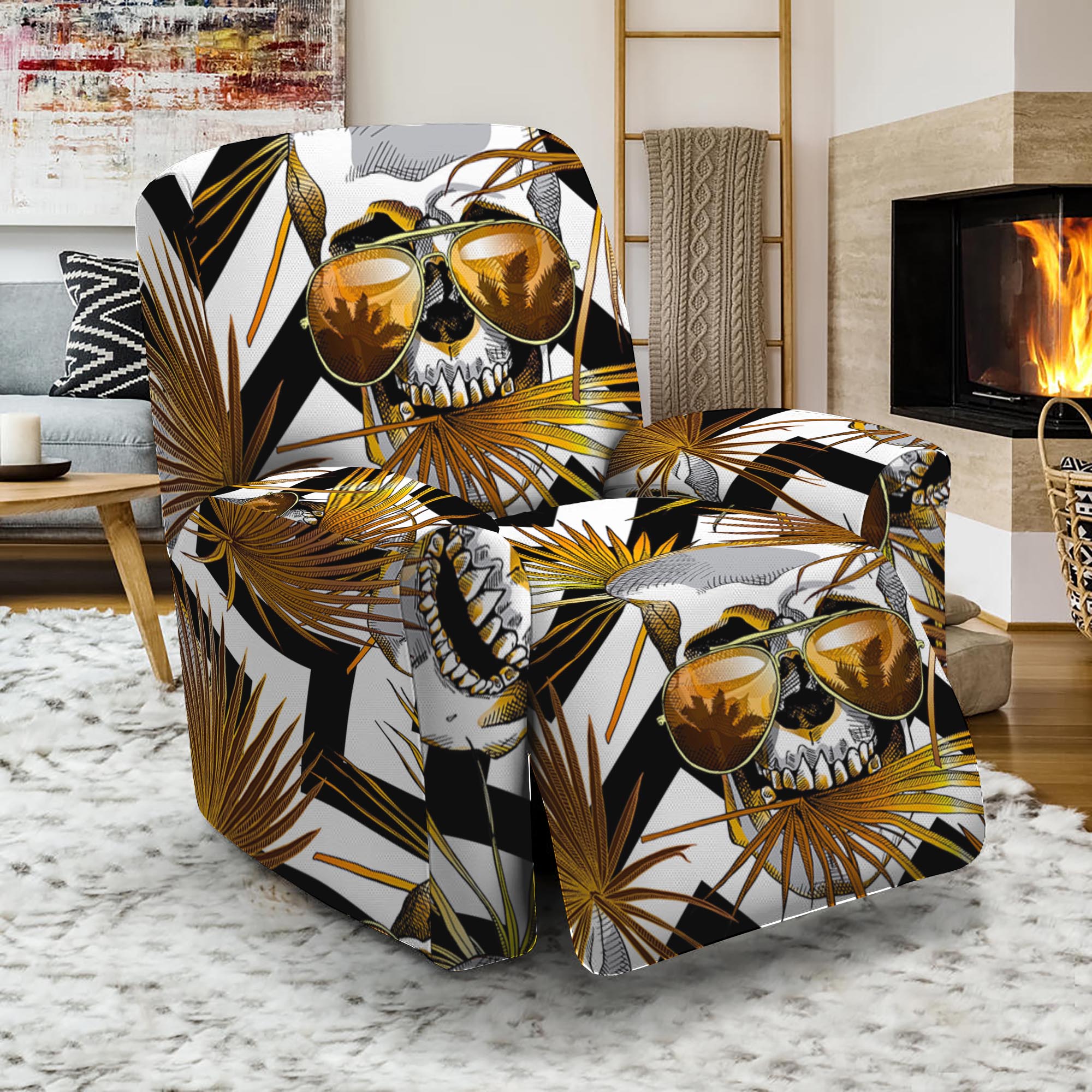 Gold Tropical Skull Pattern Print Recliner Slipcover