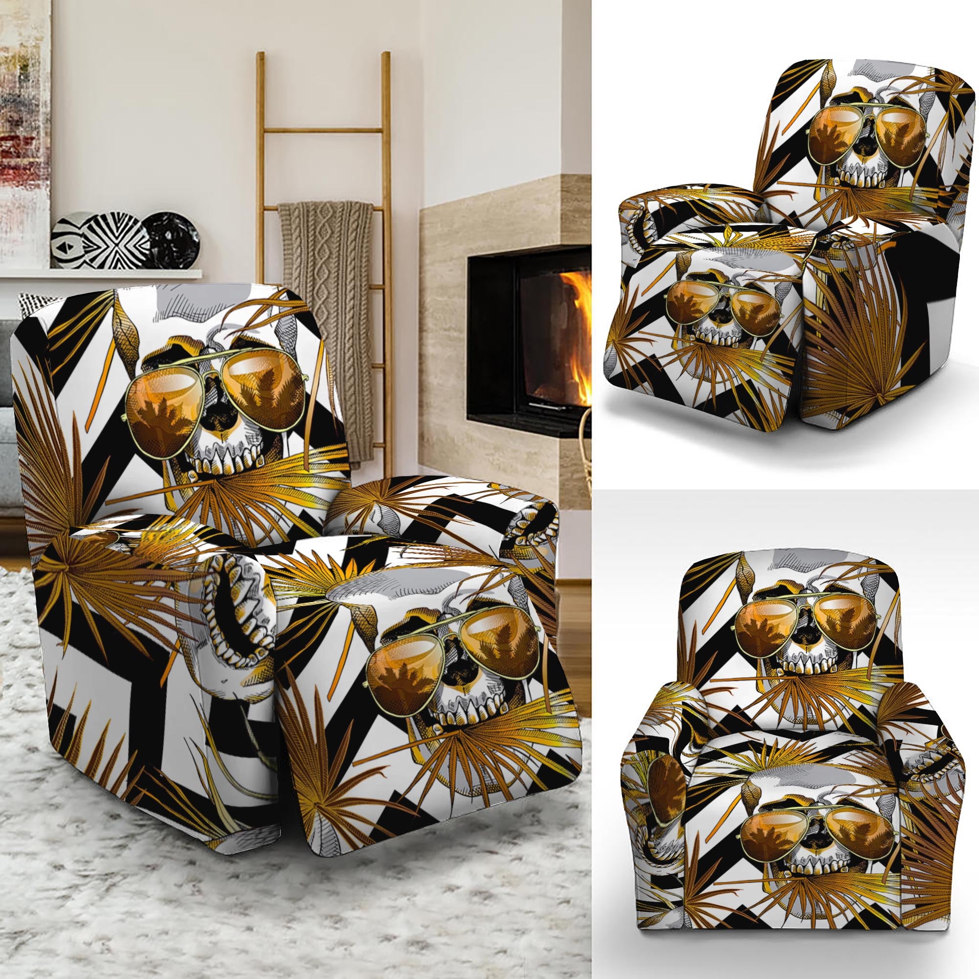 Gold Tropical Skull Pattern Print Recliner Slipcover