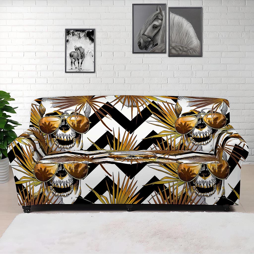 Gold Tropical Skull Pattern Print Sofa Cover