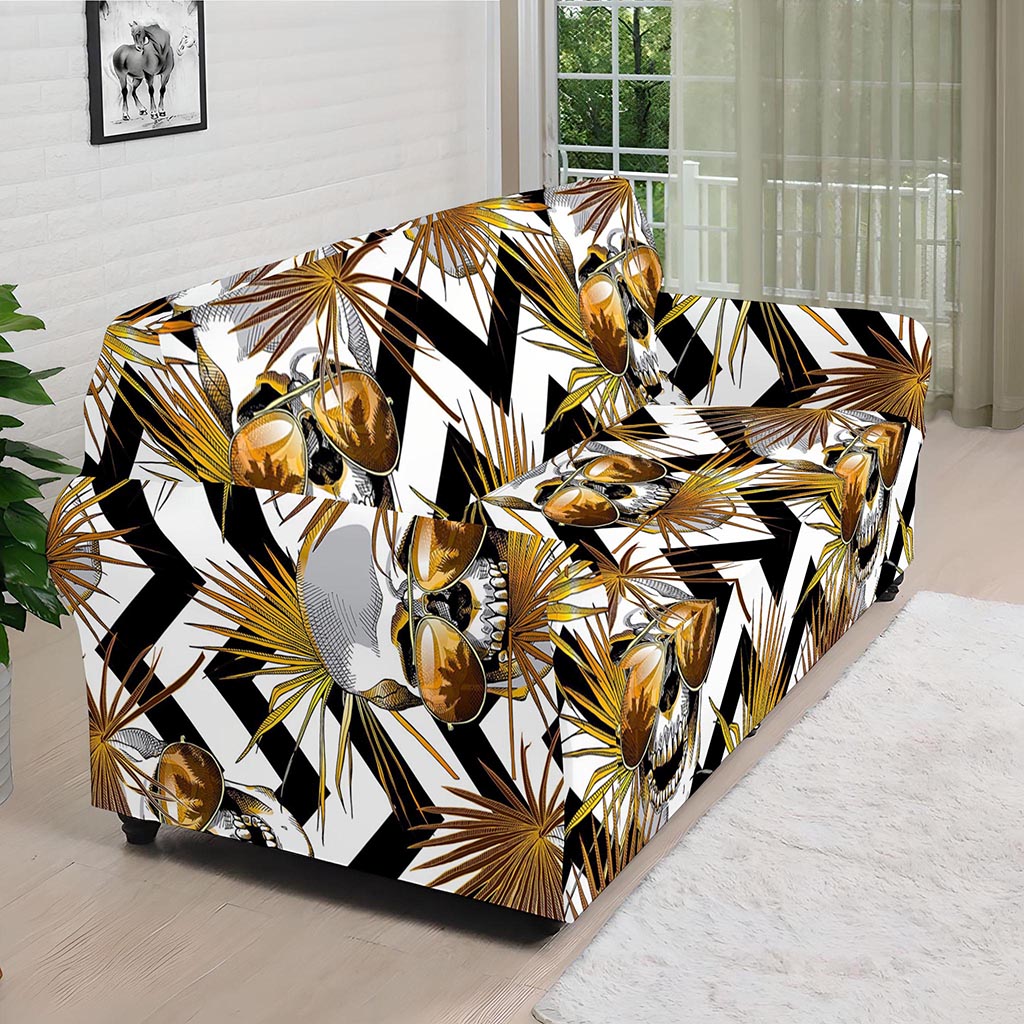 Gold Tropical Skull Pattern Print Sofa Cover